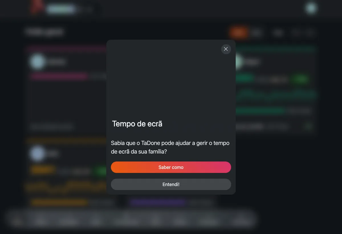 Painel de família do TaDone com as rotinas e o progresso de cada criança